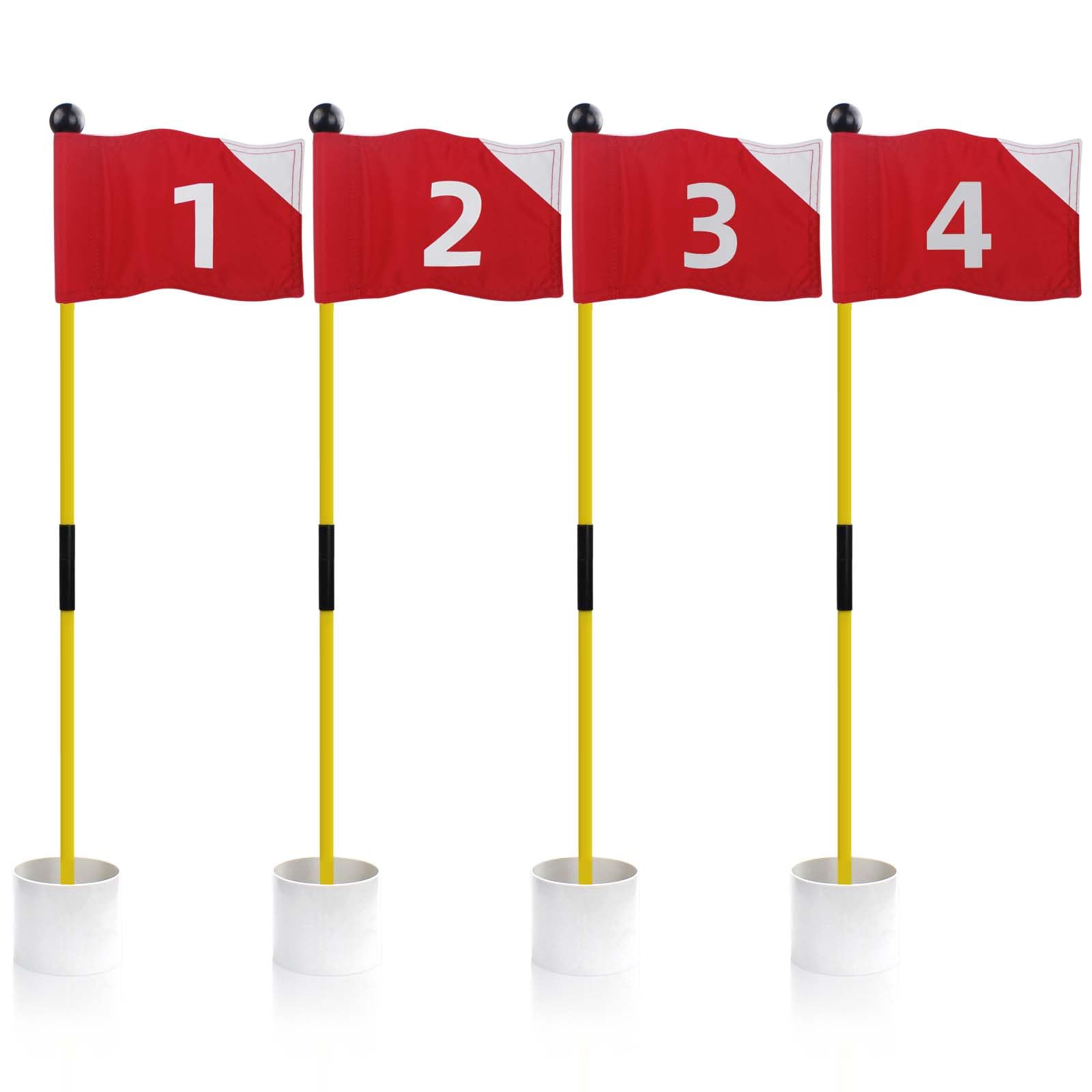 KOFULL Banderas de Golf con Banderas Rojas numeradas del 1 al 4, Palo de Bandera de Fibra de Vidrio, Juego de Tazas de práctica portátil, 4 Banderas con Bases de Copa Blancas