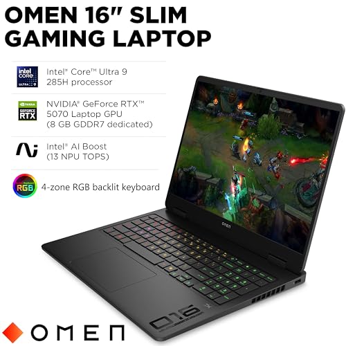 Image of HP OMEN 16 inch 144Hz WUXGA Slim Gaming Laptop, Intel 16-Core Ultra 9 285H, GeForce RTX 5070 Computer, 32GB DDR5 RAM, 1TB SSD, WiFi 6E, RGB Backlit KB, Windows 11, Type-C Hub