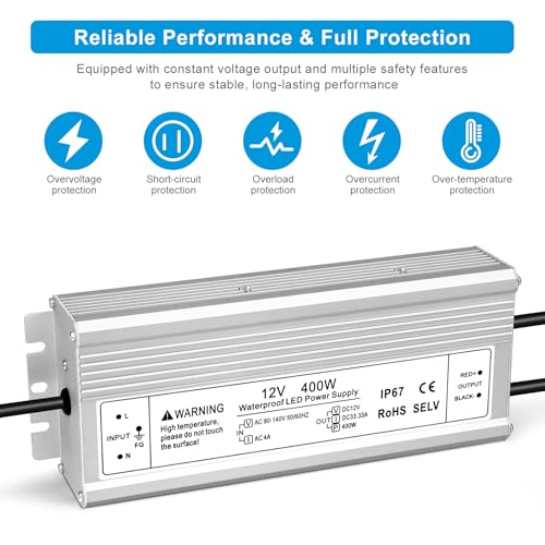 Image of 12V 400W LED Power Supply, IP67 Waterproof LED Driver, AC 90-140V to DC 12 Volt 33.3A Low Voltage Transformer Converter for Outdoor LED Strip Lights, Landscape Lighting, 3-Prong Plug with 3.3FT Cable