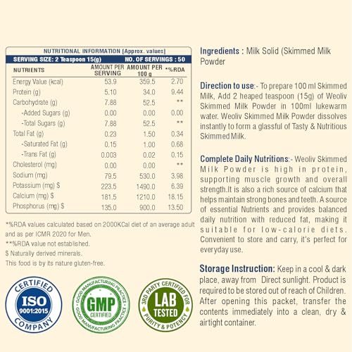 Image of Skimmed Milk Powder - Pure & Natural | High Protein, Fat-Free Dairy Milk Powder | No Preservatives | Instant Mix for Tea & Coffee | 750 g