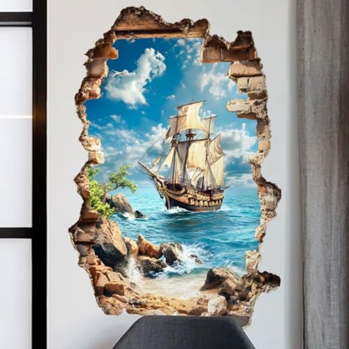 COVPAW Sticker mural 3D - Motif bateau à voile - 60 x 90 cm - Pour chambre d'enfant, salon, chambre à coucher, cuisine, etc. - Vue sur la mer à travers le...