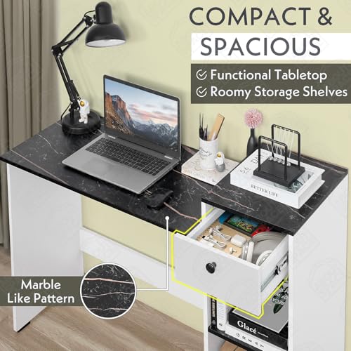 Image of ABOUT SPACE Study Table with Drawer - Computer Table with Bottom Storage Space DIY Engineered Wood Office Desk with 2 Adjustable Shelves for PC Laptop (White, Black Marble - L 123 x B 45 x H 89 cm)