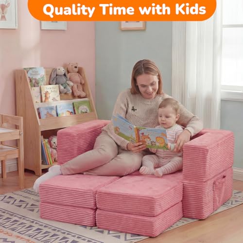 Canapé pour enfant pliable rose et modulable en velours côtelé