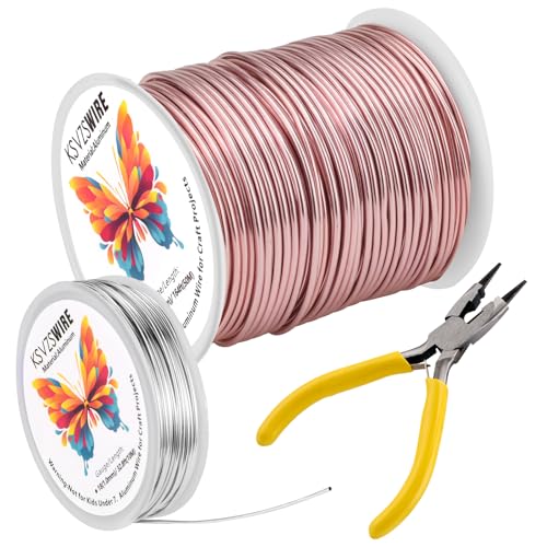 16 Gauge(1.5mm) Aluminum Wire 164 Feet(50 M) KSVZS Bendable Metal Wire for Crafts, Sculpting, Armature, Jewelry Making【3-in-1】+18 Gauge(1.0 mm) 32.8 Ft(10 M)+1 Plier(Pink)