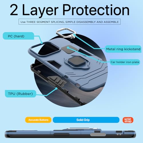 Image of Pikkme Back Cover for iPhone 16 Pro | 360 Protection | Ring Holder | Kickstand | Tough Armor Case (Blue)