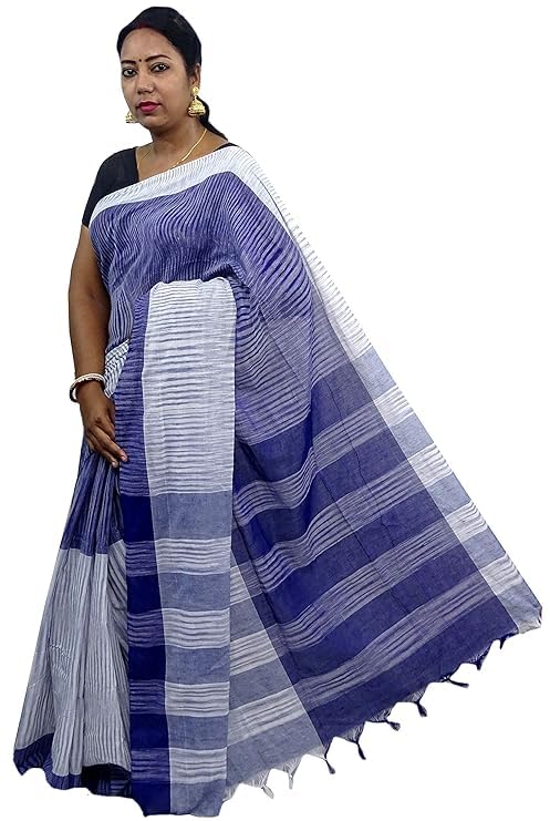 Women's Saree Handloom Very Soft Tant Saree With Blouse Picas Saree For Ladies Saree For Girls Women (Blue White) Multi