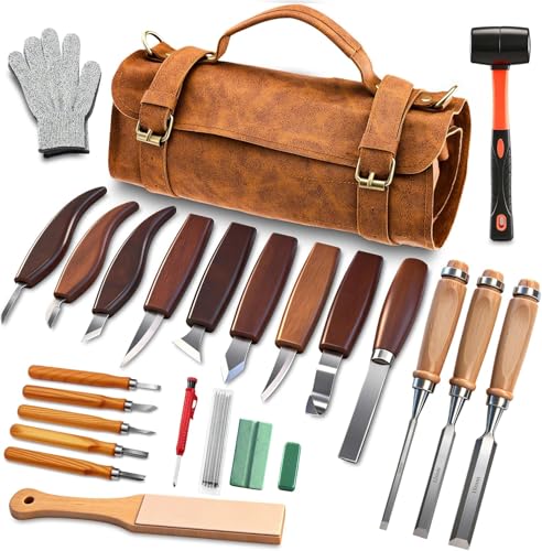 SakerNeo Deluxe Wood Carving Kit 25 Piece Wood Carving Tools with Thick Leather Storage Bag Wood Whittling Tools -Ideal Woodworking Tools and Hobbies for DIY Lovers
