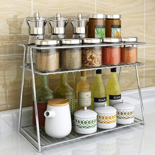Image of CHHAAP Stainless Steel 2 Layer Spice Rack | Modular Kitchen Storage Organizer | Multipurpose Shelf for Countertop, Tabletop | Tiered Silver Rack (Pack of 1) (NHSP)