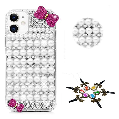 STENES Sparkle Phone Case Compatible with Moto Edge 2024 Case - STYLISH - 3D Handmade Bling Pearl Bowknot Rhinestone Crystal Diamond Design Girls Women Cover - White