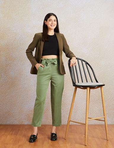 Image of Amazon Brand - Symbol Women Tapered Paper Bag Trousers (High Rise Ankle Length | with Self Fabric Belt) (Available in Plus Sizes)