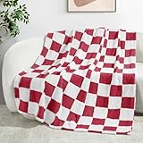 Exclusivo Mezcla Checkered Throw Blanket, Super Soft and Warm Fluffy Fleece Blanket for Couch, Sofa, Bed, Cute Plaid Pattern, Red, 50' x 60'