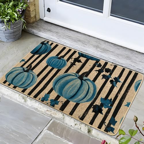 Tapete de calabaza otoñal, color verde azulado, para entrada al aire libre e interior, decoración de otoño, ecológico, impermeable, antideslizante, absorbe el polvo, fácil de limpiar, 29 x 17 pulgadas