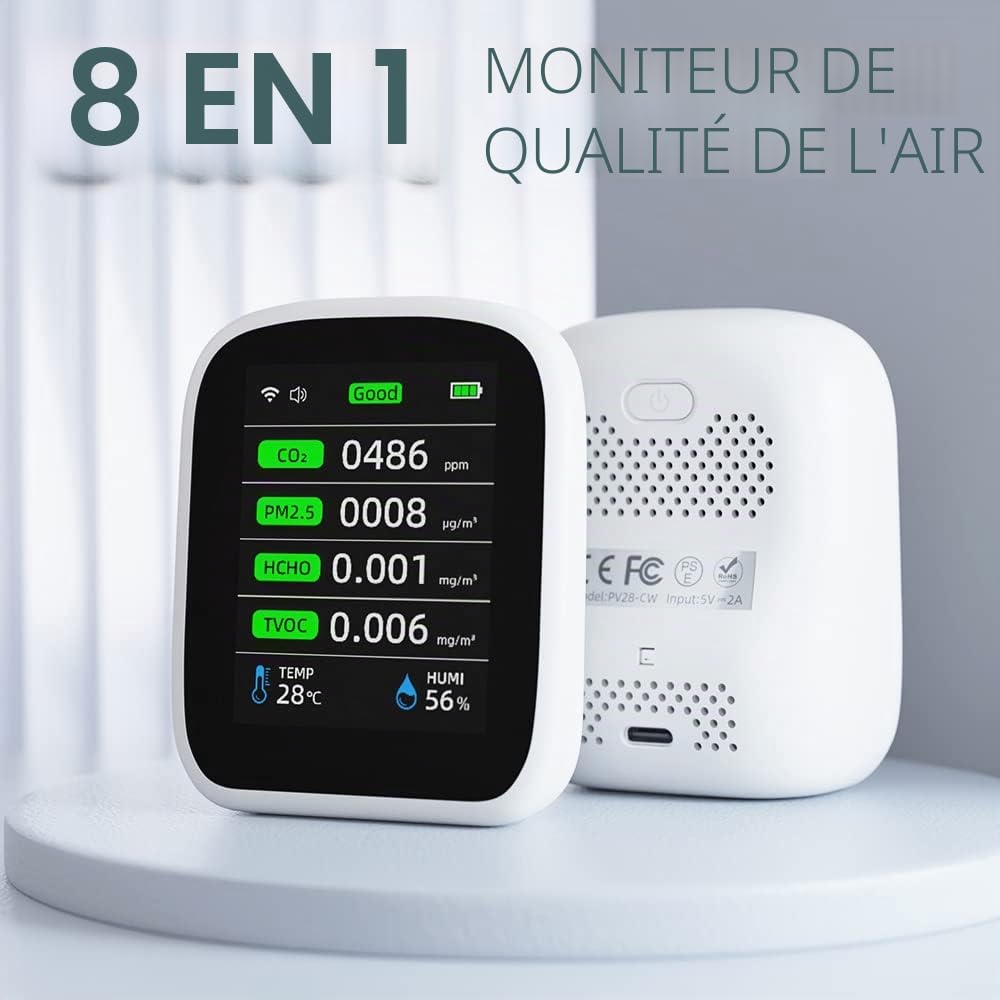 Irfora Tuya WiFi Portable 8 en 1 PM1.0 PM2.5 PM10 CO2 CO2 TVOC HCHO Testeur de température et d'humidité Écran couleur LCD Détecteur de dioxyde de carbone avec fonction d'affichage de l'heure et de la