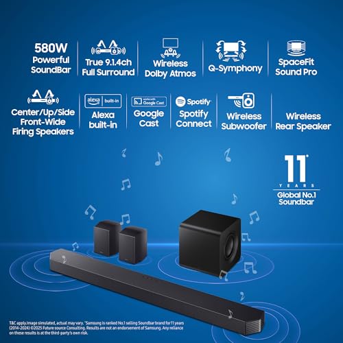 Image of Samsung 580 W True 9.1.4 ch Full Surround Soundbar with Wireless Dolby Atmos | Center-Up-Side-Front Wide-Firing Speakers | Alexa | Wi-Fi | HDMI ARC | Optical in | Bluetooth (HW-Q930F /XL, Titan Black)