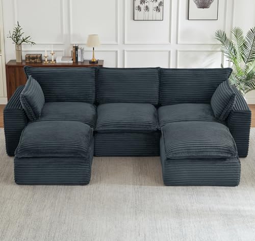 Image of 110 inch Modular Sectional Sofa with Ottoman - Double-Layer Memory Foam Cloud Couch, Oversized Corduroy Boneless Sofa Set, Deep Seat L Shaped Couch for Living Room