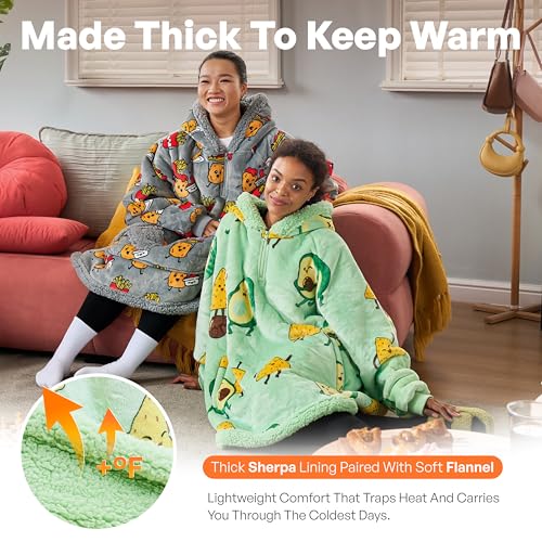Image of Giggling Getup Wearable Blanket Hoodie for Adults Gifts for Teen Girls Sister Women Sherpa Fleece Printed Hooded Blanket Sweatshirt Warm Cozy with Pocket & Sleeves Green Avocado