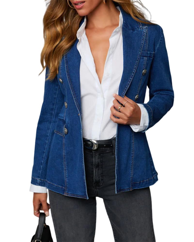 ZOCAVIA Womens Denim Blazer Business Casual Lapel Double Breasted Blazer Long Sleeve Slim Jean Blazer Jacket with Pockets