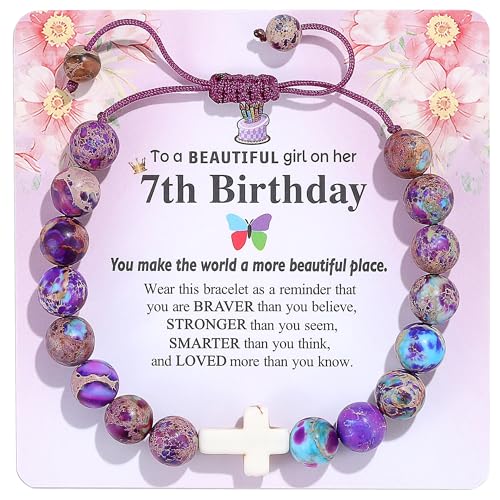 6th/7th/8th/9th/10th/11th/12th/13th/Girls Birthday Gift Cross Natural Stone Bracelet, for Daughter Granddaughter Friend Niece Teenage Girl Beaded Fashion Bracelet