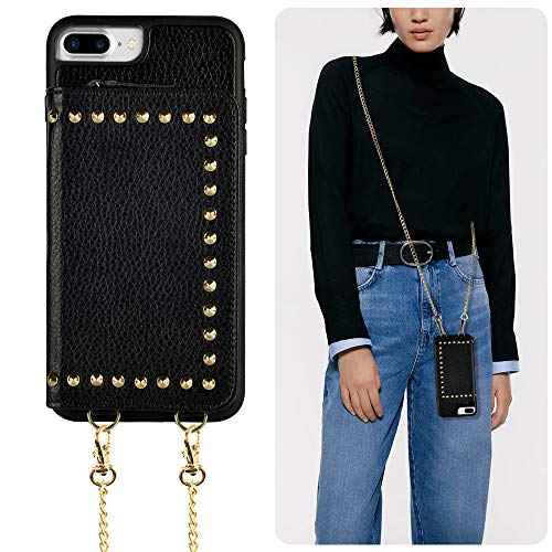 ZVE iPhone 7 Plus Wallet Case, iPhone 8 Plus Case with Card Slot Zipper Money Holders Rivet Design Purse Crossbody Shoulder Bag Protective case Cover for Apple iPhone 8 Plus 7 Plus, 5.5 inch - Black