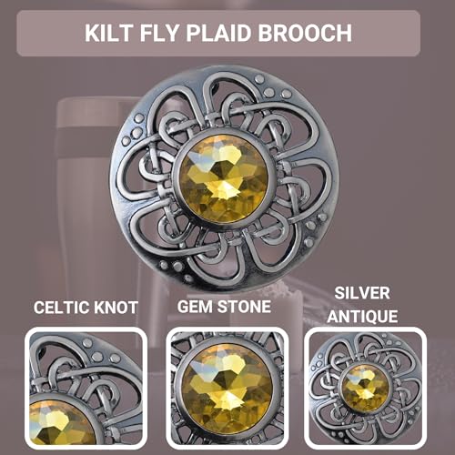 Image of Elegant Culloden Plaid Brooch - Scottish Kilt Fly Plaid Brooch Intricate Celtic Knot in Pewter with Gemstone 3-Inch Diameter - Ideal for Scottish Kilts & Formal Wear