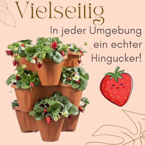 Pflanzturm Erdbeerturm 3er Set Säulentopf Stapelbar Kräuterspirale 3 Stöckiger Blumentopf Vertikaler Garten Kräutergarten Hochbeet Pflanzkübel mit Rollen Terracotta