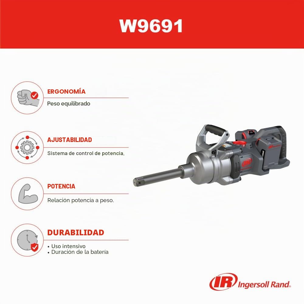 Ingersoll Rand W9691 Llave de Impacto 1" 20V Inalámbrica - Potente y Versátil Herramienta con Yunque Largo - Baterías Ion-Litio 5.0 Ah y Cargador