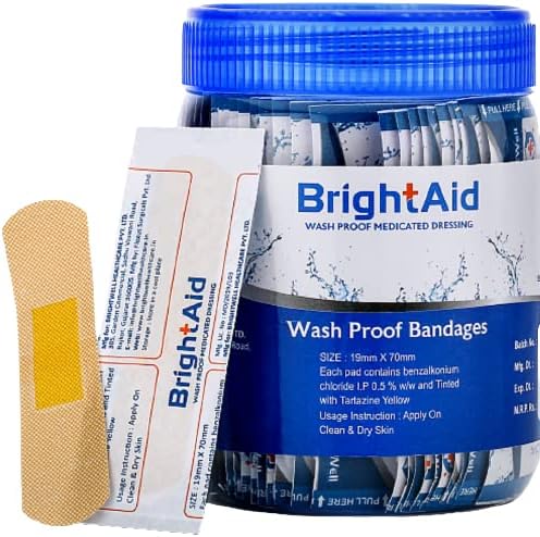 BRIGHT AID Waterproof band aid for adults & children-100 strips/jar. Flexible + Highly Breathable Wound Protection Provides Superior First Aid and Wound Care