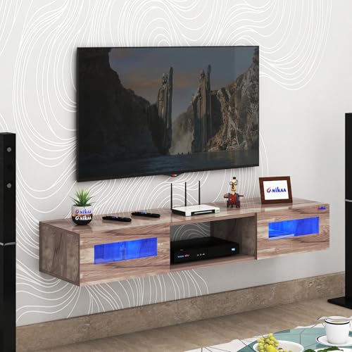Image of Anikaa Orilo Wall Mount Modern Floating TV Unit for Living Room with 3 Storage Cabinet & Blue LED Light | Ideal for UP to 55 Inch TV (Coachwood Finish - DIY Installation)