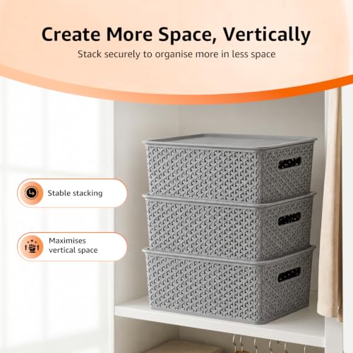 Image of Amazon Basics Set of 3 Plastic Storage Baskets with Lid - Stackable Organiser for Wardrobe, Kitchen, Clothes, Toys, Books, Office, Stationery - Multipurpose (Medium, 36x30x13 cm | Grey, Rectangular