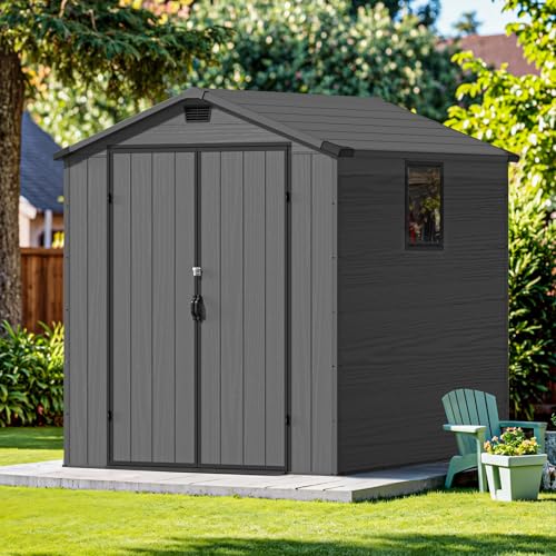 Image of Devoko 6x6 FT Plastic Outdoor Storage Shed - Lockable Resin Tool Shed with Window & Floor - Easy Assembly for Garden, Backyard, Dark Gray