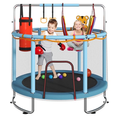 Trampoline for Kids Upgrade Full Anti-Rust 440lbsToddler Trampoline with Net 55 Upgraded Ring Legs with Adjustable Gymnastics Bar&Toys Gifts for Ages 1-8 Boys&GirlsBlue