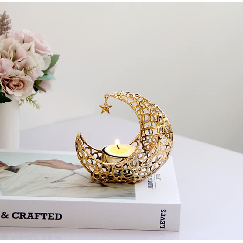 2 pcs Metal Candleholder - Crescent/Moon with Star Shape - Gold Candle Stand for decoration and elegant look