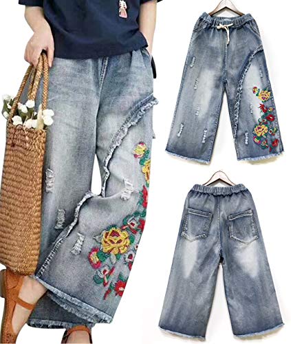 YESNO PW2 Women Casual Cropped Pants Loose Floral Jeans Ripped Fringed Embroidered Fringed Wide Leg