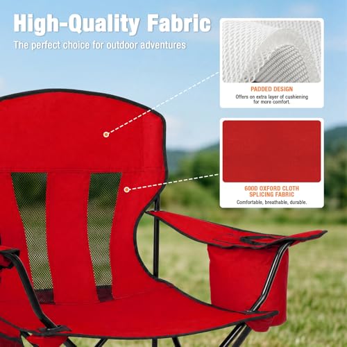 Image of Camping Chairs for Adults 2 Pack, Folding Chair with 4-Can Cooler Bag & Cup Holder, Portable Heavy Duty Outdoor Chair for Camping, Beach, Lawn, Fishing, Red