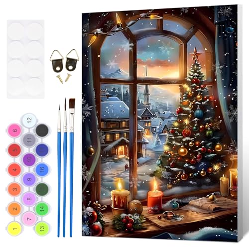 HEIBAGO Christmas Tree Framed Paint by Numbers Kit for Adults Adults Paint-By-Number Kits on Canvas Snow Scene Painting by Numbers DIY Acrylic Number Painting for Gift Home Wall Decor 8 x 12 Inch
