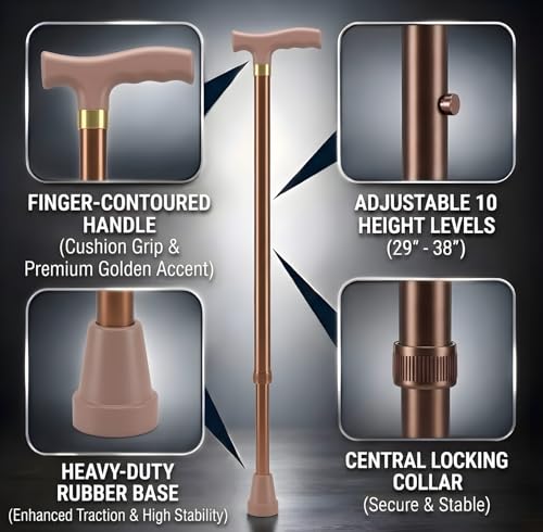Image of MCP Jindal Premium Height Adjustable Walking Stick Aluminium Cane Hand Stick Trekking Support Stick for Men, Women & Old People (Brown)