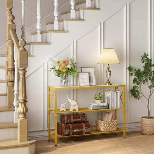 Image of Hoctieon Gold Console Table, 3 Tier Entryway Table with Shelves, Narrow Sofa Table for Hallway, Living Room, Foyer, Office, 42 inch x 12 inch, Gold and White
