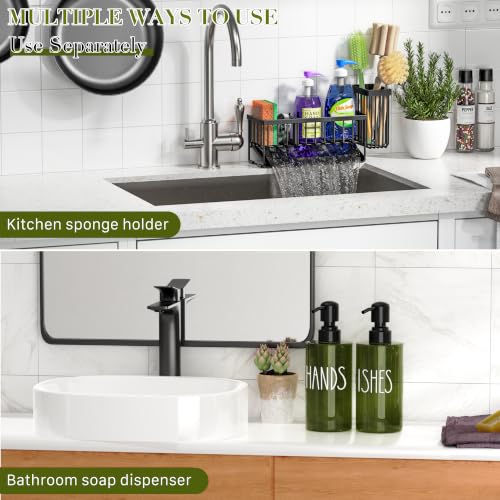 Image of MASADI Kitchen Dish Soap Dispenser Set with Sponge Holder, 12OZ Glass Bottle, Hand and Dish Soap Dispenser Set, Non-Slip Silicone Pad, Brush Holder, Kitchen Sink Organizer Countertop (Black+Green)