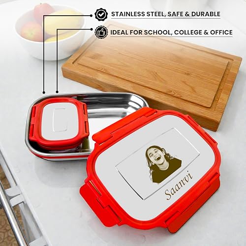 Image of SAVRI Personalized Kids Stainless Steel Lunch Box Red- Customized Photo & Name Laser Printed Tiffin Box | Leakproof School Snack Storage for Boys & Girls | Birthday Return Gift, Daycare & Picnic Use