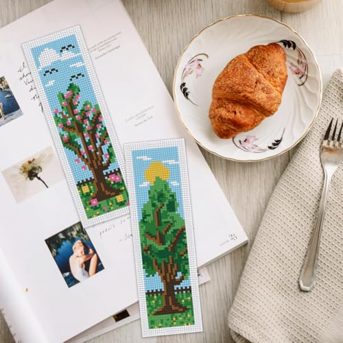 Image of INFUNLY 6PCS DIY Four Seasons Tree Cross Stitch Bookmark Kits 8.66 inch3.15 inch Spring Green Tree Stamped Embroidery Bookmark Kits with Instruction