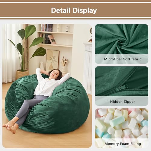 Image of Bean Bag Chairs for Adults - Memory Foam Furniture BeanBag Chair - Kids /Teens Sofa with Soft Micro Fiber Cover - Round Fluffy Couch for Living Room Bedroom College Dorm - 4 ft, Green