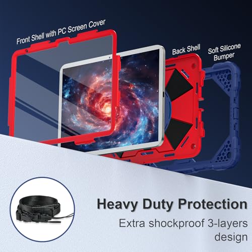 Image of Scnioy Case for iPad (A16) 11th Generation 11 Inch (2025), iPad 10th Generation Case 10.9 Inch (2022), Shockproof Cover with 360 Rotating Stand Screen Protector Pen Holder Shoulder Strap, Navy Red