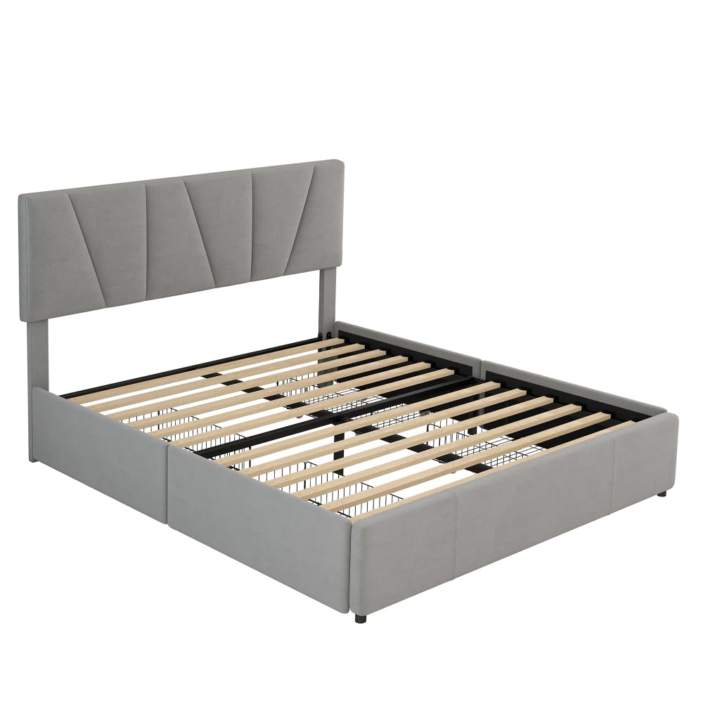 Cama de Matrimonio tapizada, Plataforma con 4 cajones en 2 Lados, cabecero Ajustable, no Necesita somier (160 * 200cm-gris)