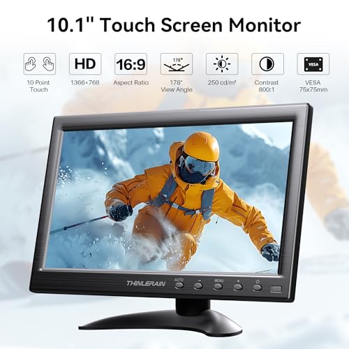 Image of 10.1 Inch Touchscreen Monitor, 10-Points Touch 1366x768 Computer Monitor with HDMI VGA AV BNC USB Ports, VESA, Remote Control, Small Touch Display Extender, Built-in Speakers