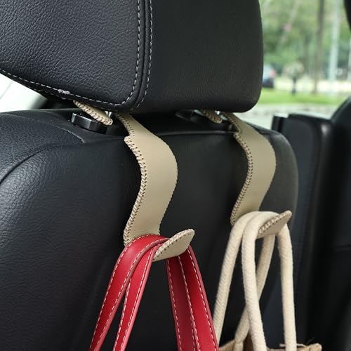 Image of Amooca Car Seat Headrest Hook 4 Pack Metal Core Hanger Universal Car Storage Organizer for Handbag Purse Coat S Type Leather Beige