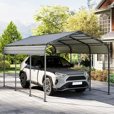 10×15FT Metal Carport, Heavy Duty Car Port, All-Weather Outdoor Storage Trucks, Boats, Cars, Galvanized Steel Roof, Vertical Stripe Design