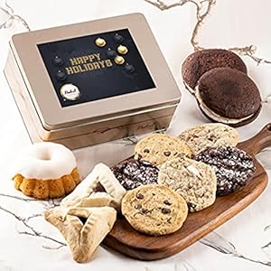 Dulcet Gift Baskets Happy Holiday Tasteful Treats Tin Gift Basket Filled with Gourmet Bakery Goods Ideal Gift Idea for, Wife, Girlfriend, Mom, Daughter, Dad, Son, or Coworker.