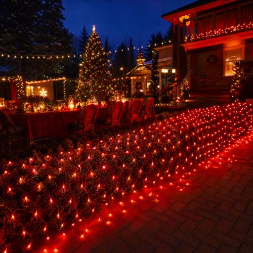 Image of Dazzle Bright Christmas Net Lights, 360 LED 12FT x 5 FT Transparent Wire Waterproof Connectable String Lights with 8 Modes Christmas Outdoor Lights for Bushes Garden Party Holiday Decoration (Red)