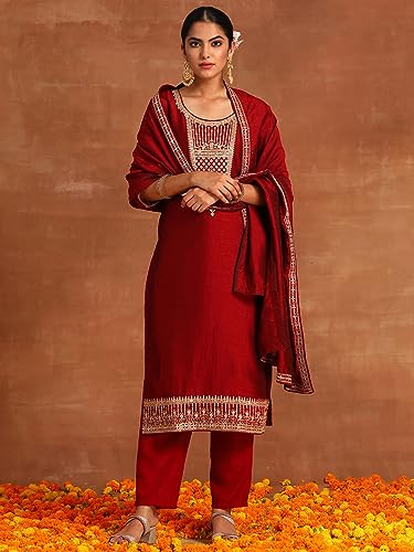 Image of INDO ERA Women's Polyester Maroon Embroidered Straight Kurta Trouser with Dupatta Set