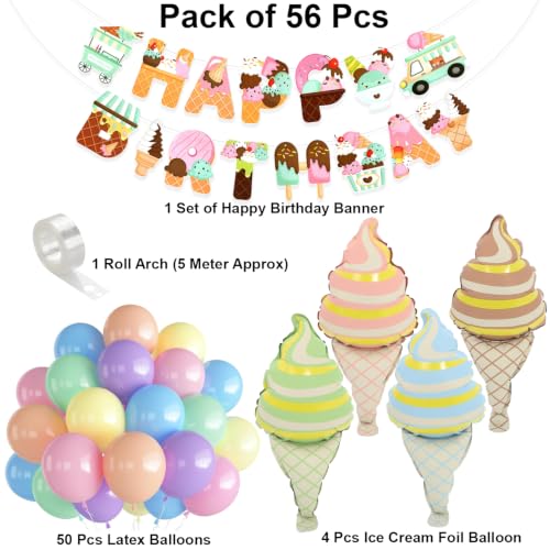 Image of Ice Cream Theme Birthday Decoration Kit, Pack of 56 Pcs